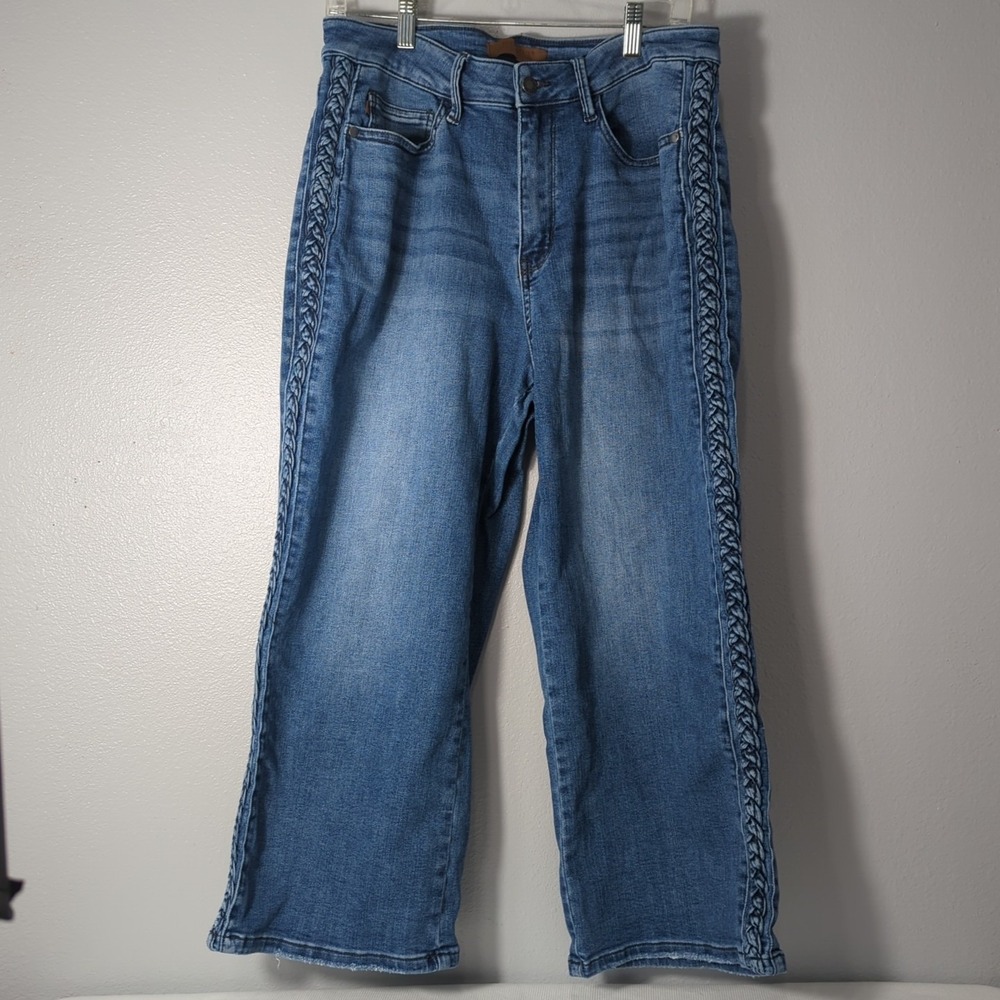 Judy Blue Women's 16W Laura High Rise Braid SS Detail Wide Leg Blue Jeans 270